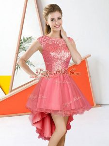 Custom Design Watermelon Red Sleeveless Organza Backless Wedding Guest Dresses for Prom and Party