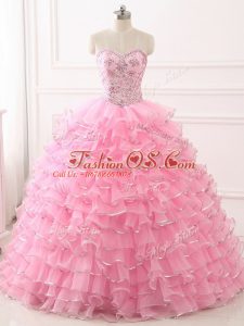 Artistic Baby Pink Ball Gown Prom Dress Military Ball and Sweet 16 and Quinceanera with Beading and Ruffled Layers Sweetheart Sleeveless Sweep Train Lace Up