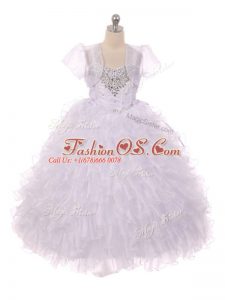 White Ball Gowns Organza Straps Sleeveless Beading and Ruffles Floor Length Lace Up Little Girls Pageant Dress
