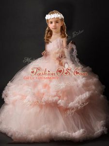 V-neck Sleeveless Little Girl Pageant Gowns Brush Train Hand Made Flower Pink Tulle