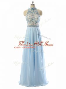 Fantastic Beading Evening Gowns Light Blue Backless Sleeveless Floor Length