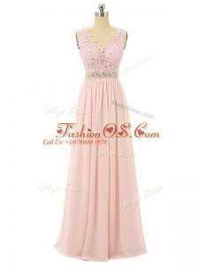 Pink Sleeveless Floor Length Beading and Appliques Zipper Prom Evening Gown