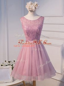 Pink Tulle Lace Up Scoop Sleeveless Mini Length Prom Gown Beading and Belt