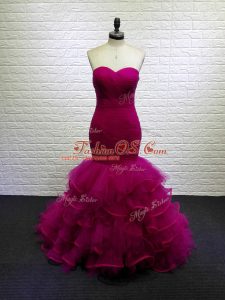 Stylish Fuchsia Sweetheart Lace Up Beading and Ruching Brush Train Sleeveless