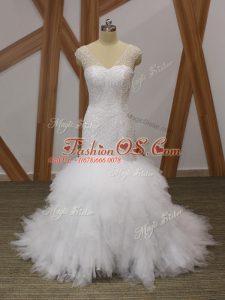 White Sleeveless Brush Train Beading and Ruffles Wedding Gown
