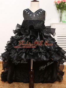 Black A-line V-neck Sleeveless Organza High Low Zipper Beading and Ruffles and Bowknot Kids Formal Wear
