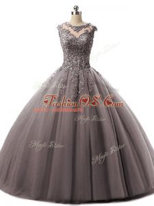 Brown Lace Up Scoop Beading and Lace 15th Birthday Dress Tulle Sleeveless