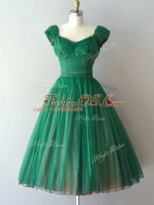 Best Green Bridesmaid Gown Prom and Party and Sweet 16 with Ruching V-neck Cap Sleeves Lace Up