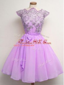 Knee Length Lace Up Bridesmaids Dress Lilac for Prom and Party and Wedding Party with Lace and Belt