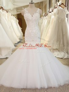 White Bridal Gown Tulle Chapel Train Sleeveless Beading and Appliques