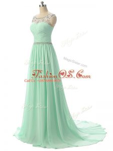 Chiffon Scoop Sleeveless Brush Train Zipper Beading and Ruching Evening Dress in Apple Green