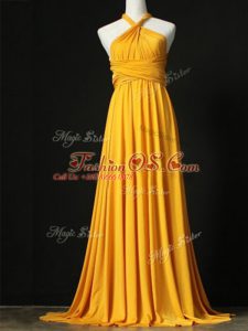 Orange Halter Top Neckline Ruching Bridesmaids Dress Sleeveless Criss Cross
