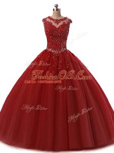Wine Red Tulle Lace Up Quinceanera Dress Sleeveless Floor Length Beading and Lace
