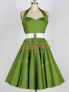 Knee Length Olive Green Bridesmaid Dresses Taffeta Sleeveless Belt