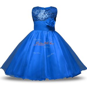 Blue Sleeveless Knee Length Bowknot and Belt and Hand Made Flower Zipper Flower Girl Dresses