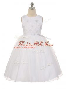 White Lace Up Little Girl Pageant Dress Beading Sleeveless Knee Length
