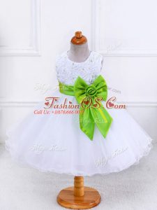 Best White Organza Zipper Little Girl Pageant Gowns Sleeveless Knee Length Bowknot