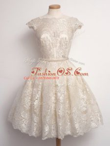 Knee Length Champagne Wedding Party Dress Scalloped Cap Sleeves Lace Up
