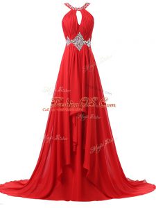 Chiffon Halter Top Sleeveless Brush Train Lace Up Beading and Ruching Womens Evening Dresses in Red