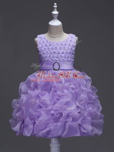 Latest Knee Length Lavender Kids Pageant Dress Organza Sleeveless Ruffles and Belt