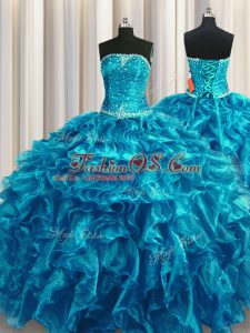 Glamorous Strapless Sleeveless Organza 15th Birthday Dress Beading and Ruffles Lace Up