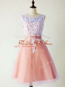 Beautiful Peach A-line Scoop Sleeveless Tulle Knee Length Lace Up Lace Dama Dress for Quinceanera