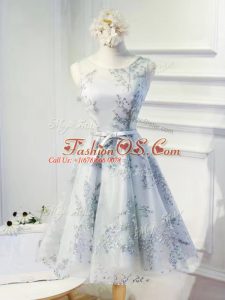 Dramatic Grey A-line Organza Scoop Sleeveless Lace and Appliques and Belt Mini Length Lace Up Cocktail Dresses
