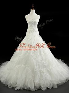 Organza Sweetheart Sleeveless Court Train Lace Up Beading and Ruffles Wedding Gowns in White