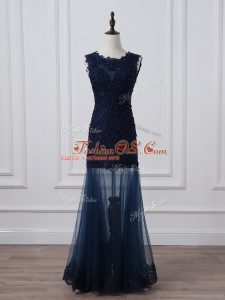 Superior Floor Length Navy Blue Mother Of The Bride Dress Tulle Sleeveless Lace and Appliques