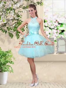 Edgy Aqua Blue Lace Up Halter Top Lace and Belt Quinceanera Court Dresses Tulle Sleeveless
