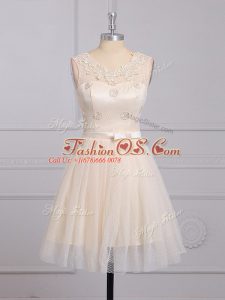 Dazzling Champagne Sleeveless Lace Lace Up Bridesmaid Gown for Prom and Party and Wedding Party