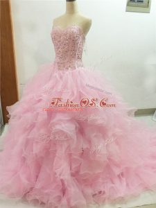 Trendy Baby Pink Sweetheart Neckline Beading and Ruffles Sweet 16 Quinceanera Dress Sleeveless Lace Up
