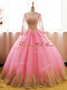 Ball Gowns Quinceanera Dresses Pink Scoop Organza Long Sleeves Floor Length Lace Up