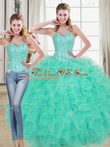 Best Lace Up Sweet 16 Quinceanera Dress Turquoise for Prom and Party and Military Ball and Sweet 16 and Quinceanera with Beading and Ruffled Layers Brush Train