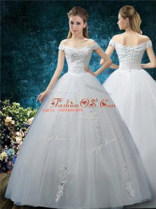 Delicate Organza Cap Sleeves Floor Length Wedding Gown and Beading and Appliques