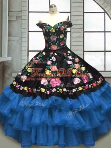 Floor Length Lace Up Vestidos de Quinceanera Blue And Black for Military Ball and Sweet 16 and Quinceanera with Embroidery and Ruffled Layers