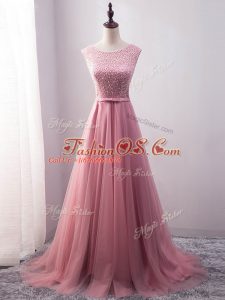 High Quality Pink Evening Dress Tulle Brush Train Sleeveless Beading and Belt