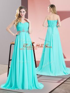 Aqua Blue Homecoming Dress Prom and Military Ball with Beading and Ruching Sweetheart Sleeveless Brush Train Lace Up
