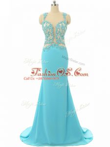 Aqua Blue Scoop Backless Lace and Appliques Evening Party Dresses Brush Train Sleeveless