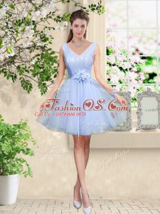 Admirable V-neck Sleeveless Lace Up Dama Dress for Quinceanera Lavender Tulle