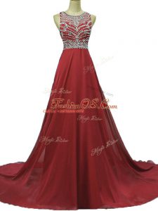 Luxurious Backless Formal Dresses Burgundy for Prom and Party with Beading Brush Train