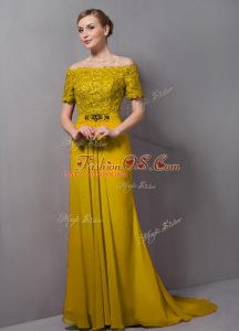 Sophisticated Off The Shoulder Short Sleeves Chiffon Mother Of The Bride Dress Lace Sweep Train Zipper