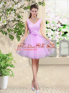 Pretty Lilac Lace Up Bridesmaid Gown Lace and Belt Sleeveless Knee Length