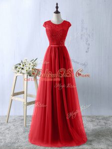 Short Sleeves Floor Length Lace Zipper Prom Evening Gown with Red