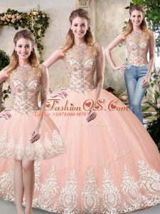 Dramatic Sleeveless Floor Length Beading and Lace and Appliques Backless 15 Quinceanera Dress with Peach