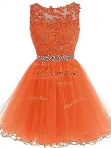 Cheap Orange A-line Tulle Scoop Sleeveless Beading and Ruffles Mini Length Zipper Prom Gown