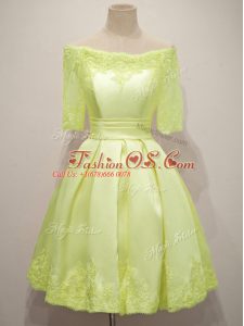 Cute Knee Length A-line Half Sleeves Yellow Bridesmaid Gown Lace Up