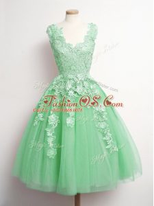 Green Sleeveless Knee Length Appliques Lace Up Wedding Guest Dresses
