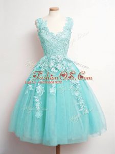 Aqua Blue Tulle Lace Up V-neck Sleeveless Knee Length Dama Dress Lace