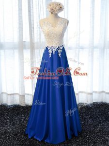 On Sale Royal Blue Elastic Woven Satin Zipper Sleeveless Floor Length Lace and Appliques